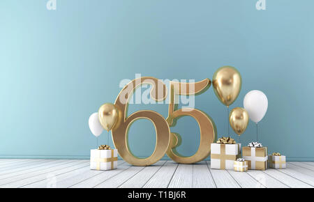 Numero 65 celebrazione di partito camera con oro e palloncini bianchi e confezioni regalo. Foto Stock