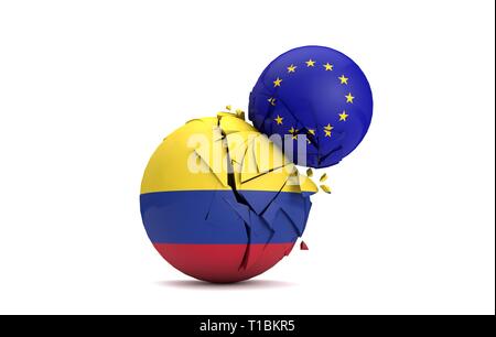 La Colombia e Unione europea sfere politiche smash insieme. 3D Render Foto Stock