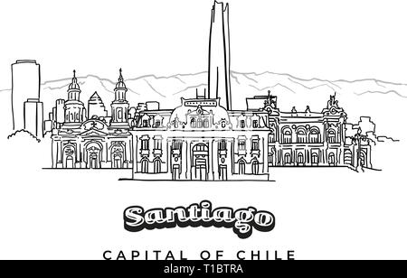 Santiago del Cile disegnati a mano skyline. Vettore schizzo di contorno Illustrazione Vettoriale