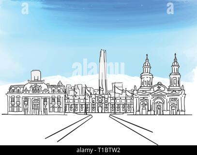 Santiago del Cile panorama disegna con sky, disegnati a mano il disegno di contorno. Illustrazione Vettoriale