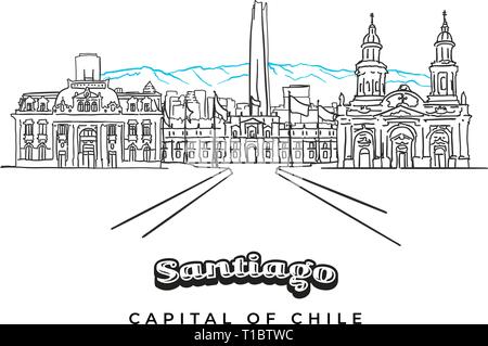 Santiago del Cile panorama paesaggio con montagne. disegnati a mano il disegno di contorno. Illustrazione Vettoriale