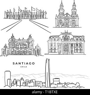 Santiago del Cile celebre architettura disegnata a mano le icone in bianco e nero disegno vettoriale Illustrazione Vettoriale