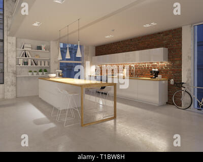 3D-illustrazione di un nuovo e moderno city loft Appartamento di notte. Il rendering 3D Foto Stock