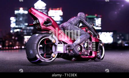 Biker ragazza con casco a cavallo di un sci-fi bike, donna su rosso motocicletta avveniristica nella città di notte street, vista posteriore, rendering 3D Foto Stock