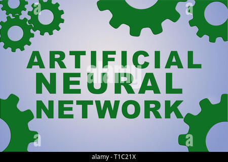Rete neurale artificiale il concetto di segno illustrazione verde con ruota dentata figure in blu pallido sfondo gradiennt Foto Stock