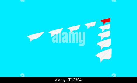 Carta rossa piano e molti white paper piani su turchese sfondo blu. Leadership, il lavoro di squadra e il coraggio del concetto. Raster. Foto Stock
