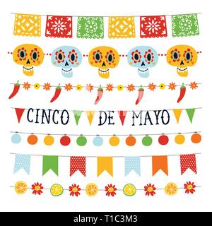 Set di Cinco de Mayo holiday ghirlande con luci, bunting bandiere, teschi ornamentali, fiori, jalapenos peperoni. Collezione di messicani party in giardino Illustrazione Vettoriale