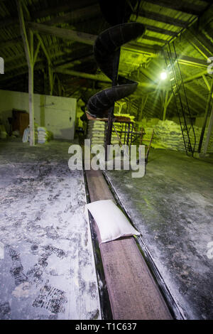 Il tema della produzione e della trasformazione. Meccanismi alla old low-tech impianto per la produzione di granella. Tempi di fabbrica dell'Unione Sovietica. Trasporti Foto Stock