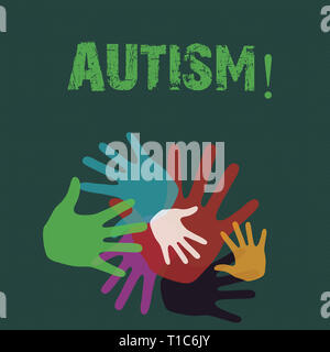 Conceptual la scrittura a mano che mostra l'autismo. Concetto significato di sensibilizzazione sull'Autismo condotta dal comitato sociale di tutto il mondo i contrassegni a mano di diverse dimensioni Foto Stock