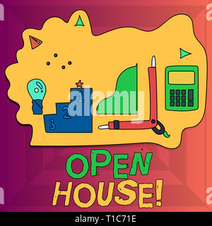 La scrittura della nota mostra Open House. Il concetto di business per luogo o situazione in cui tutti i visitatori sono benvenuti vieni set di icone di obiettivo per la pianificazione, Advanc Foto Stock