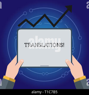 La scrittura della nota mostra traduzioni. Il concetto di business per scritto o stampato processo di traduzione di parole di testo mano vocale tenendo compressa sotto il Progr Foto Stock