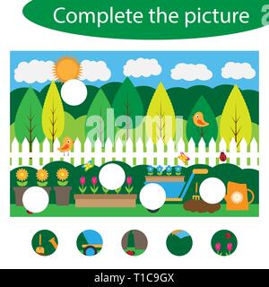 Completa il puzzle e trovare le parti mancanti della foto, giardino divertente gioco di educazione per i bambini in età prescolare attività del foglio di lavoro per i bambini, attività per Illustrazione Vettoriale