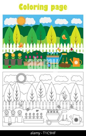 Foto giardino con fiori in stile cartoon, estate pagina di colorazione, educazione gioco della carta per lo sviluppo dei bambini, i bambini in età prescolare attività Illustrazione Vettoriale