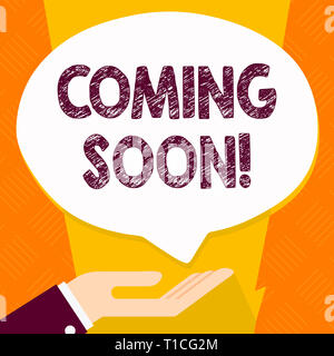 Segno di testo mostra prossimamente. Business photo testo evento o azione che accadrà dopo il tempo veramente breve Palm fino in posizione supina per donazione ha Foto Stock