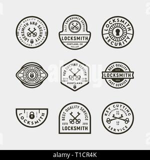 Set di fabbro vintage logo in stile retrò chiave servizio di taglio emblemi. illustrazione vettoriale Illustrazione Vettoriale
