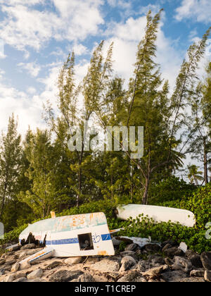 Paesaggio di catamarano danneggiato, la costa atlantica, governatori Harbour, Eleuthera, Bahamas, dei Caraibi. Foto Stock