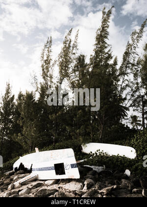 Paesaggio di catamarano danneggiato, la costa atlantica, governatori Harbour, Eleuthera, Bahamas, dei Caraibi. Foto Stock