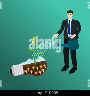 Imprenditore piccolo di irrigazione money tree crescita su idea lampadina della luce Illustrazione Vettoriale