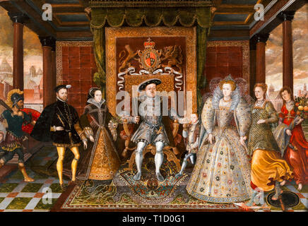 Un'Allegoria della successione Tudor, la famiglia di Enrico VIII, dopo Lucas de Heere, circa 1590 Foto Stock