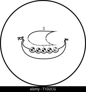 Viking drakkar Dracar sailboat Viking's Nave Viking boat icona profilo colore nero vettore in cerchio intorno illustrazione stile piatto semplice immagine Illustrazione Vettoriale