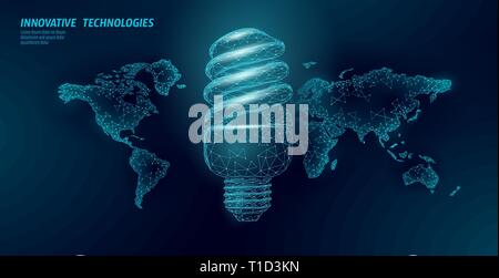 Lampada fluorescente compatta da concetto di risparmio energetico. Bassa poligonale poli mondo pianeta mappa del globo. Salvare Eco ecologia ambiente energia verde il concetto di potenza Illustrazione Vettoriale