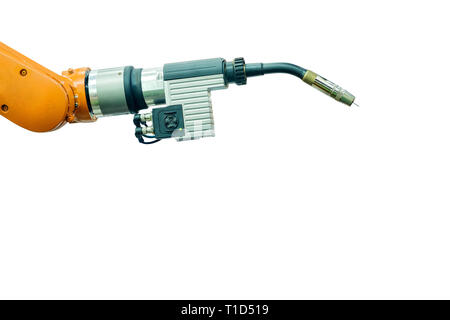 Close-up di un robot industriale del braccio di saldatura, meccanica per lavorare su industrial smart factory, isolato su sfondo bianco Foto Stock