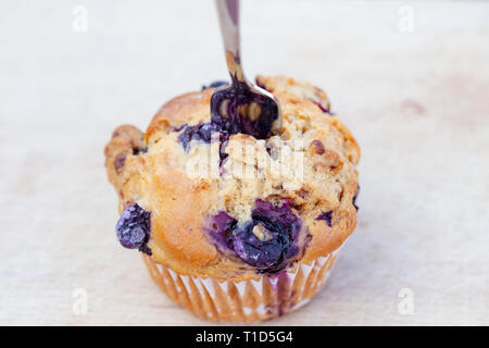 In casa vegan muffin ai mirtilli presentato su un piatto di legno Foto Stock