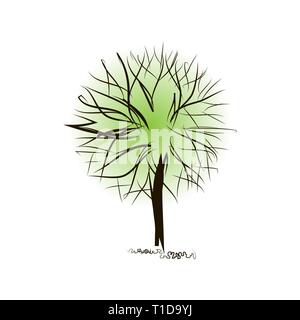 Albero di Creative. Fantasy corona circolare. Sketchy contorno nero di fogliame. Disegno a mano isolato. Simbolo del vettore di ecologia e natura. Concetto per le intestazioni Illustrazione Vettoriale