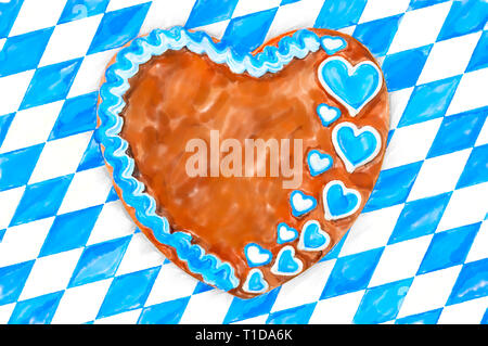 Illustrazione ad acquerello di Oktoberfest Gingerbread cuore con copia spazio su bianco bavarese bandiera blu Foto Stock