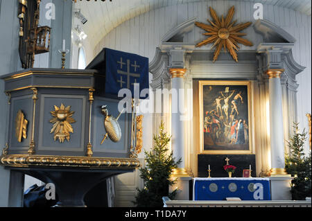 Amiralitetskyrkan in legno (Admiralty Chiesa) costruita nel 1685 come cappella elencati di Patrimonio Mondiale dall Unesco in Karlskrona, contea di Blekinge, Svezia. Dicembre Foto Stock