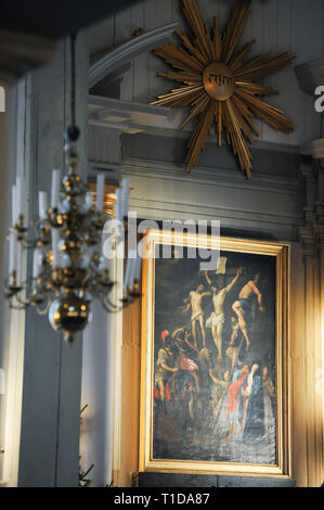 Amiralitetskyrkan in legno (Admiralty Chiesa) costruita nel 1685 come cappella elencati di Patrimonio Mondiale dall Unesco in Karlskrona, contea di Blekinge, Svezia. Dicembre Foto Stock