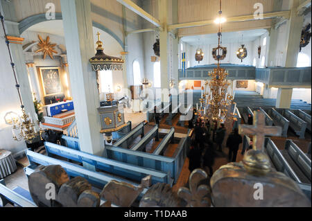 Amiralitetskyrkan in legno (Admiralty Chiesa) costruita nel 1685 come cappella elencati di Patrimonio Mondiale dall Unesco in Karlskrona, contea di Blekinge, Svezia. Dicembre Foto Stock