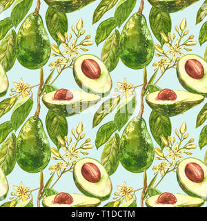 Avocado acquerello disegnare a mano illustrazione isolati su sfondo bianco. Modello senza giunture di disegnati a mano avocado. Foto Stock