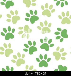 Sfondo con sagome di gatto o cane ingombro. verde illustrazione vettoriale zampa animale via pattern. Paw stampa perfetta. Illustrazione Vettoriale
