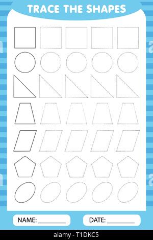 Di apprendimento per i bambini, attività di disegno. tracciare le forme geometriche attorno al contorno. Illustrazione Vettoriale