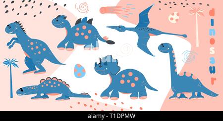 Set di Cartoon carino caratteri di dinosauri. Stampare per bambini t-shirt, felpe. Biglietto di auguri. Adesivi decorazione vivaio illustrazione vettoriale Illustrazione Vettoriale