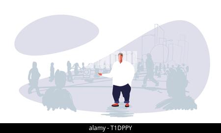Grassi obesi uomo in piedi fuori dalla folla di persone sagome su dimensioni ragazzo diverse individualità concetto cityscape schizzo di sfondo doodle orizzontale Illustrazione Vettoriale