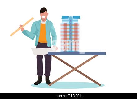 L'uomo architetto livello di contenimento ingegnere di lavoro con il nuovo edificio città modello per il panning urbane progetto concetto Casa blueprint orizzontale di lunghezza completa Illustrazione Vettoriale