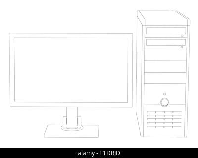 Contorno del computer. Schema dell'unità di sistema e del monitor. Vista frontale. Illustrazione Vettoriale Illustrazione Vettoriale