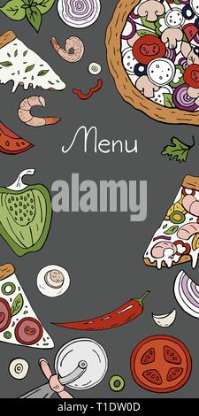 Menu verticale pizza banner colorato su sfondo grigio. Illustrazione Vettoriale