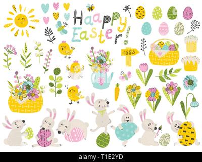 Grandi serie di simpatici personaggi dei cartoni animati ed elementi di design per le vacanze di Pasqua. Illustrazione di vettore per il tuo design Illustrazione Vettoriale
