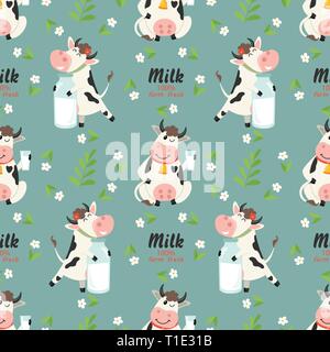 Modello senza soluzione di continuità con la fattoria di mucche e bottiglia di latte Illustrazione Vettoriale