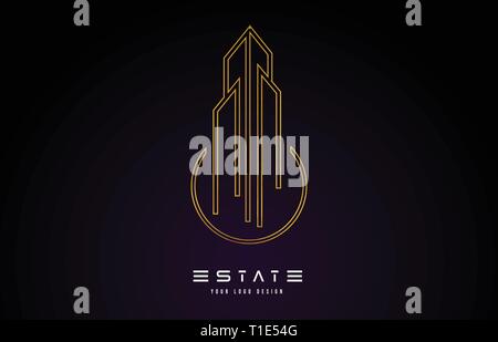 Oro Immobiliare del monogramma di moderno design del logo. Real Estate linee edifici astratta icona illustrazione vettoriale. Illustrazione Vettoriale