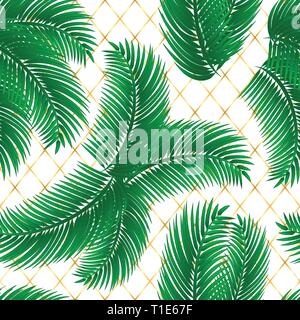 Palm leafs seamless pattern con griglia dorata. Illustrazione Vettoriale