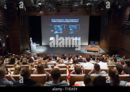 Perito medico dando un talk sulla diagnosi in medicina su Winfocus XII congresso mondiale del 8 settembre, 2016 a Lubiana, Slovenia. Foto Stock