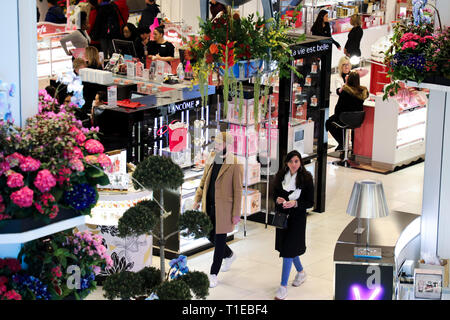 New York, Stati Uniti d'America. 25 Mar, 2019. La gente visita Macy's Flower Show a Macy's Herald Square flagship store a New York, gli Stati Uniti, il 25 marzo 2019. L'annuale Mostra del fiore è trattenuto dal 24 marzo al 7 aprile di quest'anno. Con il tema della 'viaggio a Paradisios, Funzionamento: ispirazione", la mostra presenta oltre 5.000 tipi di piante che illustra vari spazio esterno temi. Credito: Wang Ying/Xinhua/Alamy Live News Foto Stock