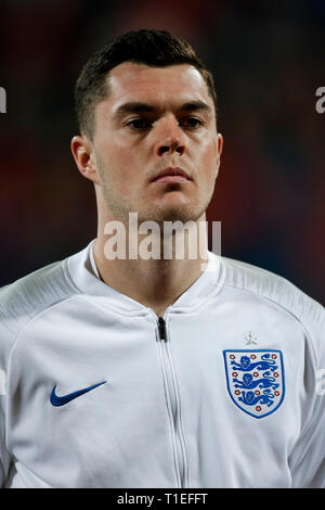 Podgorica, Montenegro. 25 Mar, 2019. Michael Keane di Inghilterra durante UEFA EURO 2020 qualifica del Gruppo una corrispondenza tra il Montenegro e l'Inghilterra a Podgorica City Stadium il 25 marzo 2019 a Podgorica, Montenegro. (Foto di Daniel Chesterton/phcimages.com) Credit: Immagini di PHC/Alamy Live News Foto Stock