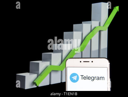 Hong Kong. Xi Febbraio, 2019. In questa foto illustrazione di una nuvola la messaggistica immediata basata su telegramma il logo è visibile su un androide dispositivo mobile con un'ascesa grafico di crescita in background. Credito: Budrul Chukrut SOPA/images/ZUMA filo/Alamy Live News Foto Stock