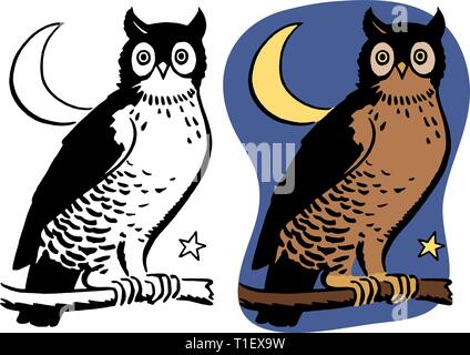 Un Night Owl appollaiato su un ramo di fronte una mezzaluna. Illustrazione Vettoriale