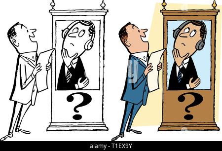 Un uomo in una cabina insonorizzata risponde a una domanda. Illustrazione Vettoriale